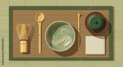 Japanese Tea Ceremony Set: Matcha Whisk, Bowl, Spoon, and Scoop on Bamboo Mat