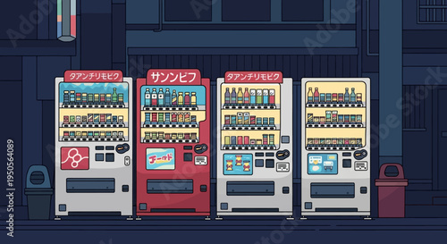 Japanese Vending Machines at Night, Pixel Art Style
