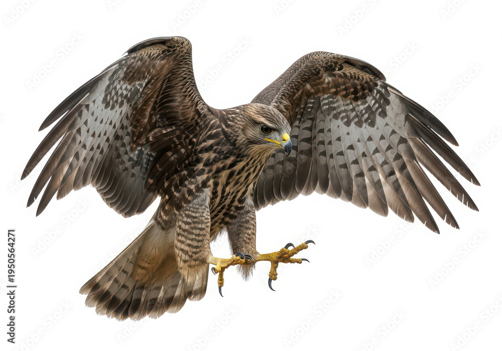 Fototapeta premium Majestic hawk in mid-flight with spread wings and talons gripping prey isolated on transparent background