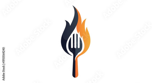 This clever culinary logo features a vibrant flame with a hidden fork integrated into the negative space. Presented as a flat vector on a clean white background, this scalable icon is perfect.