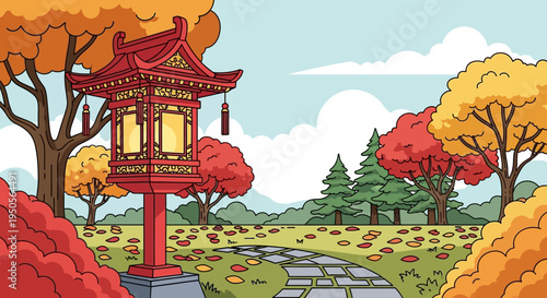 Autumn Japanese Garden Lantern Path Yellow Orange Trees Fall Foliage Serene Landscape