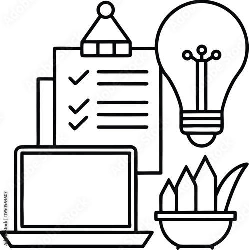 A minimalist line art illustration featuring a checklist, a light bulb, a laptop, and a plant pot