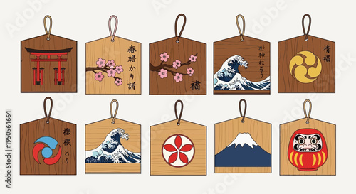 Collection of Japanese Ema Prayer Plaques with Traditional Symbols and Art