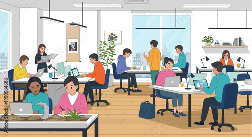 Diverse team working collaboratively in a modern, bright open-plan office with laptops and plants