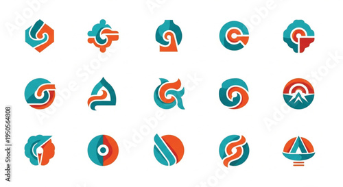 Explore this versatile collection of fifteen abstract logo designs presented as flat vectors on a clean white background. Featuring dynamic teal and orange geometric shapes.
