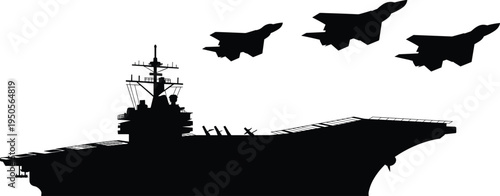 Aircraft carrier silhouette, military warship vector, fighter jets formation, naval aviation illustration, defense fleet art, ocean combat power, navy silhouette