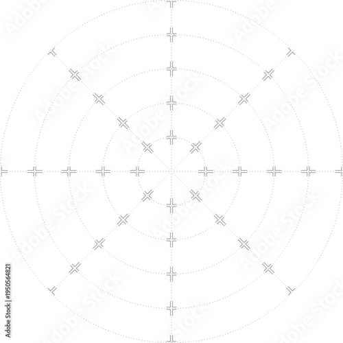 Black dot radial grid texture with cell corners on white background. FUI science round grid backdrop. Math or technological notebook blank circular sheet.