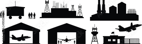 Airport silhouettes, military airbase illustration, aircraft hangar, radar unit, communication tower, control center, fighter jet, transport plane, aviation facility, defense