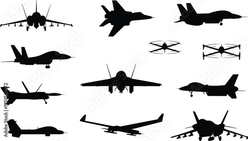 Aircraft silhouettes, fighter jets, drones, quadcopters, aviation icons, military planes, aerial vehicles, security concept, surveillance design, aviation illustration, technology collection
