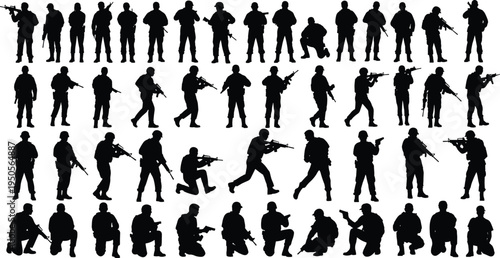 Armed soldier silhouettes, military poses, tactical movements, rifle aiming, crouching stance, walking formation, combat readiness, defense concept, armed forces illustration