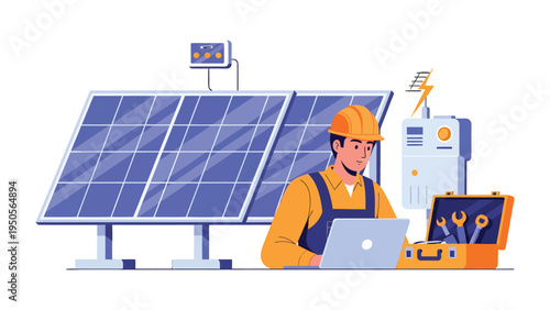 Solar Panel Technician: A skilled technician, equipped with a laptop and tools, expertly inspects a state-of-the-art solar panel setup.