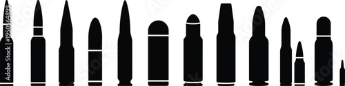 Ammunition silhouette, bullet cartridges, rifle rounds, handgun shells, military ammo, weapon design, firearm illustration, caliber diversity, security concept, ballistic collection