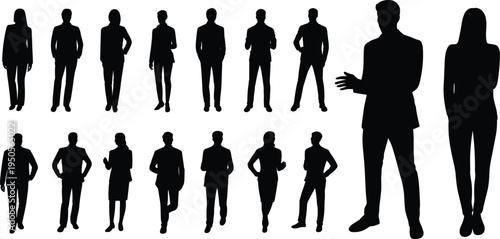 Business people silhouette, corporate teamwork vector, professional standing poses, office staff illustration, organizational diversity art, company leadership silhouette, workplace design