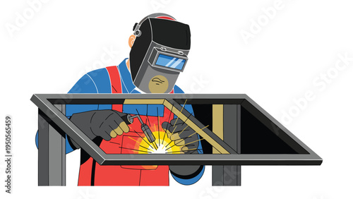 Welder at Work: A skilled welder, protected by a safety helmet, meticulously works on a metal frame, the sparks illuminating the scene