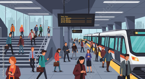 Commuters Waiting for Train at Modern Subway Station Platform