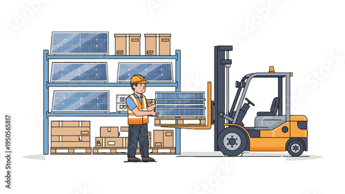 Warehouse Work: A warehouse worker skillfully collaborates with a forklift to organize and manage inventory within a bustling warehouse environment. The scene encapsulates precision, coordination.