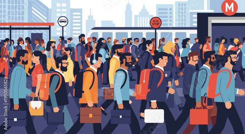 Diverse crowd commuting in a busy city, urban lifestyle, public transport, modern cityscape