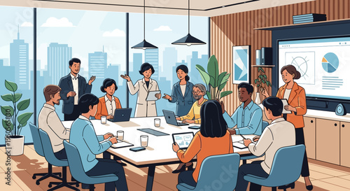 Diverse business team in a modern boardroom meeting, discussing strategy and ideas.