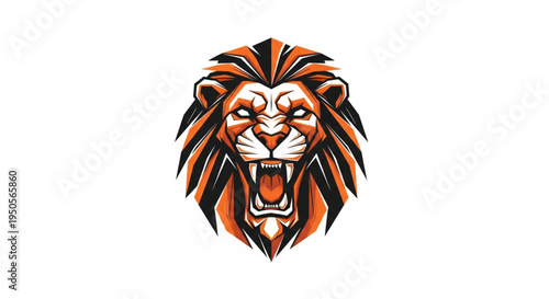 A powerful and aggressive lion head mascot logo, rendered in a modern, stylized vector graphic style. Featuring sharp, angular geometric shapes and a vibrant orange and black color palette.