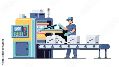 Automated Production Line: A diligent worker manages an automated production line, overseeing the precise packaging process of products.