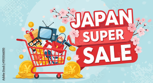 Japan Super Sale: Shopping Cart Full of Goods with Cherry Blossoms and Yen Coins