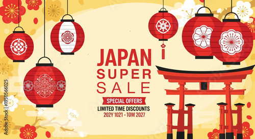 Japan Super Sale: Traditional Torii Gate, Lanterns, Cherry Blossoms, and Discount Offer