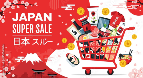 Japan Super Sale: Shopping Cart Full of Japanese Goods, Coins, Mt. Fuji