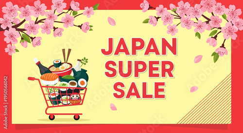 Japan Super Sale: Shopping Cart Full of Sushi and Japanese Food Under Cherry Blossoms