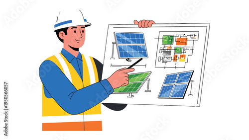 Green Energy Planner: An engineer in a hard hat and safety vest presents a detailed blueprint of solar panels, promoting the concept of sustainable energy and environmental consciousness.