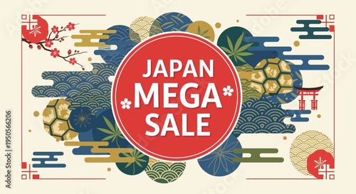 Japan Mega Sale Banner with Traditional Japanese Elements and Cherry Blossoms