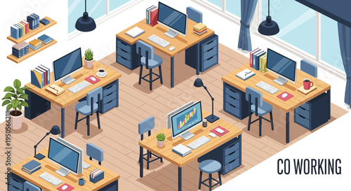 Modern Co-working Space with Desks, Computers, and Office Supplies