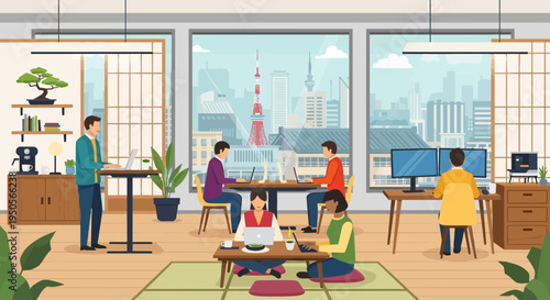 Modern Japanese Office with Diverse Coworking Space and City View