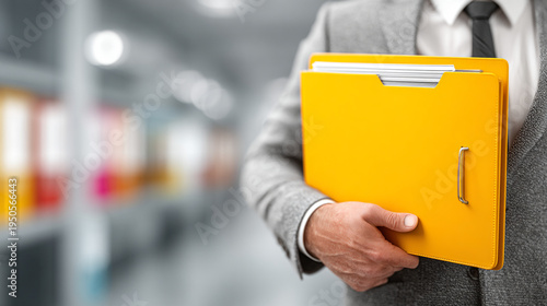 Businessman in a suit holding a yellow file folder, in a blurred office environment.