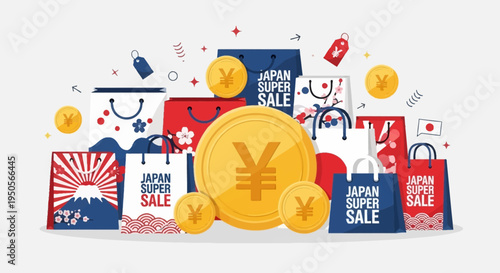 Japan Super Sale: Shopping Bags, Yen Coins, and Mount Fuji Illustration