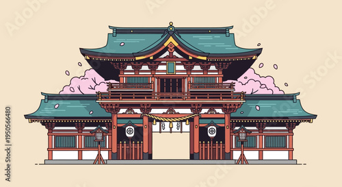 Pixel Art Japanese Temple Gate with Cherry Blossoms