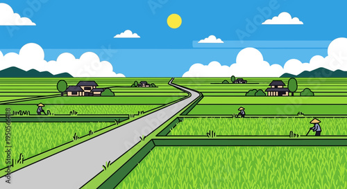 Pixel Art Rice Fields with Farmers and Road, Rural Asian Landscape