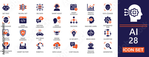 modern artificial intelligence solid icon set for ai automation, decision,  brain, generation, learning,  information, data analytics and digital technology.