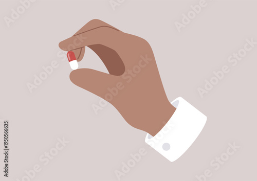 A hand delicately grips a medicine capsule, symbolizing a moment of focus on health and wellbeing, the soft background highlights the action in a serene manner.