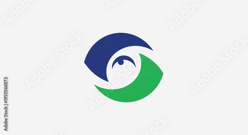 This modern abstract logo design features a stylized eye formed by flowing blue and green shapes. The central pupil cleverly doubles as a human figure or flying bird silhouette. Perfect for optometry.