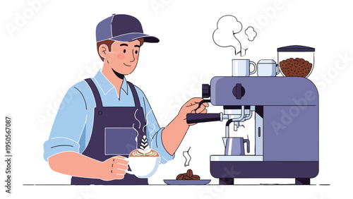 Barista Crafting Coffee: An animated barista skillfully operates an espresso machine, crafting a perfect cup of coffee with a warm smile and focused attention.