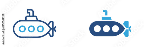 Submarine icon set. Underwater submarine vehicle with porthole windows and periscope icon, marine transport and deep sea exploration concept. Vector illustration.