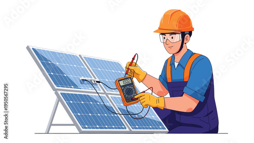 Solar Panel Technician: A skilled technician, equipped with a multimeter, meticulously inspects a solar panel array, embodying innovation and sustainable energy