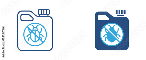 Insecticide container icon set. Pest control chemical bottle with bug symbol icon, pesticide treatment concept. Vector illustration.