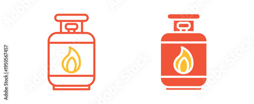 Gas cylinder icon set. Propane gas tank with flame symbol icon, fuel container and energy supply concept. Vector illustration.