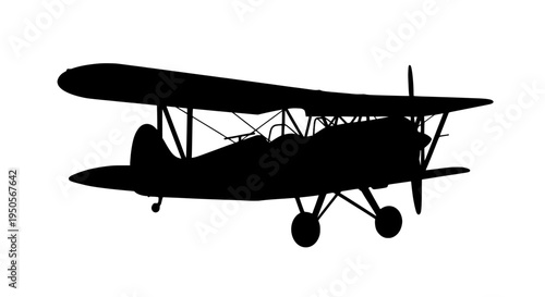 Airplane biplane silhouette with black wings and propeller on white background featuring aircraft, plane, aviation with