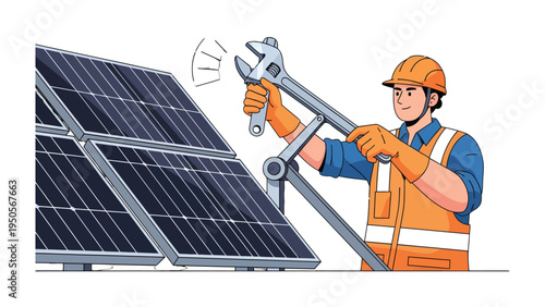 Solar Panel Technician at Work: An individual, in safety gear, meticulously maintains a solar panel array using specialized tools.