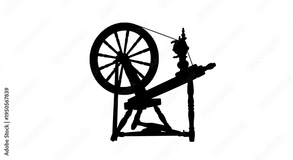 Fototapeta premium Spinning wheel with large wheel and spindle, black silhouette on white background featuring textile machinery, yarn