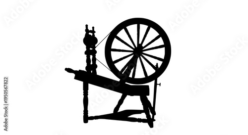Spinning wheel with large wheel and spindle, black silhouette icon featuring yarn, thread, fiber with textile and craft