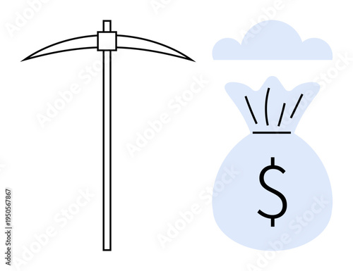 Financial growth, investment, mining, wealth accumulation, savings, economic strategy. Pickaxe next to a money bag with a dollar sign. Financial growth and investment concept