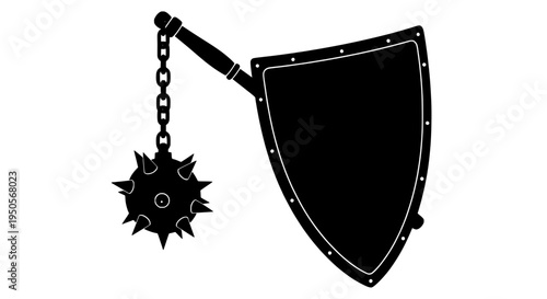 Flail medieval with spiked ball and chain attached to shield handle featuring weapon, combat, armor with defensive and